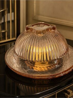 Vintage Pink Depression Glass Ribbed Bowl & Plate Fairy Lamp